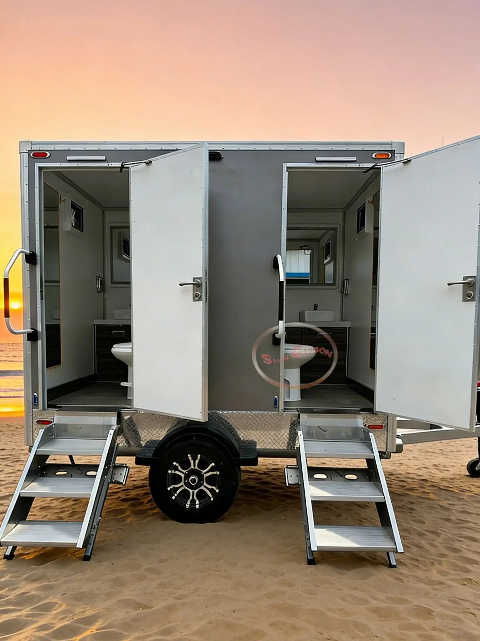 

Outdoor Portable Toilet with Trailer Hitch Wheels And Silver Bordered Gray Main Body Dual Compartment Design for Easy Towing