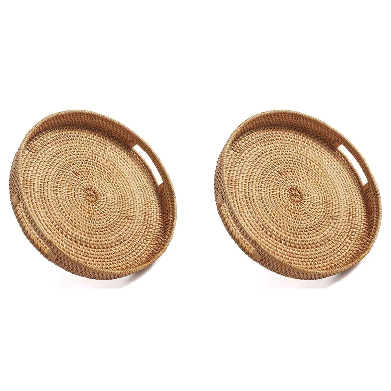 

Hot 2X Round Rattan Serving Tray Decorative Woven Ottoman Trays With Handles For Coffee Table Natural(Small)