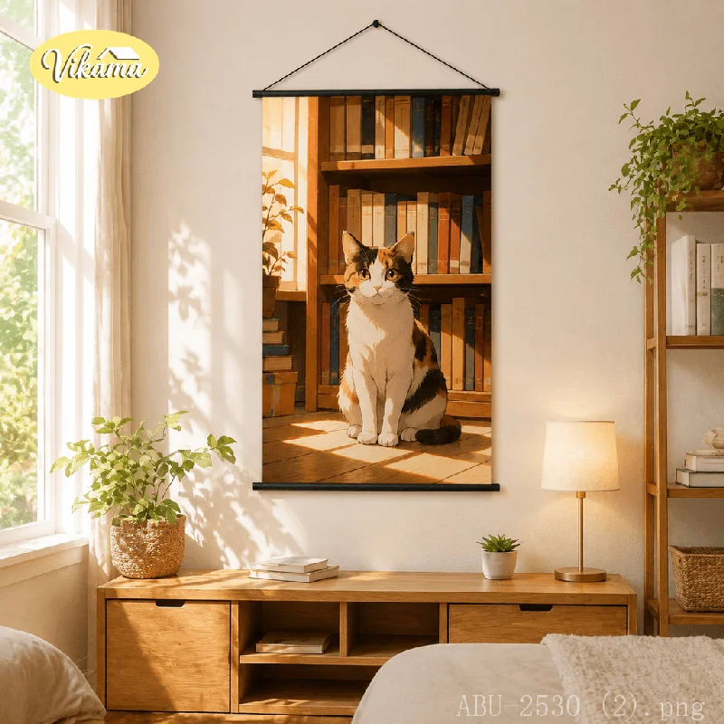 VIKAMA Vertical Animal Hanging Scroll Calico Cat Sunlit Library Canvas Poster Japanese Wall Hanging Warm Study Room Decor