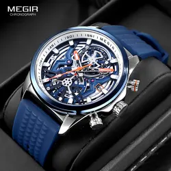 MEGIR Sport Chronograph Watch for Men Navy Blue Silicone Strap Waterproof Quartz Wristwatch with Auto Date Luminous Hands 2235