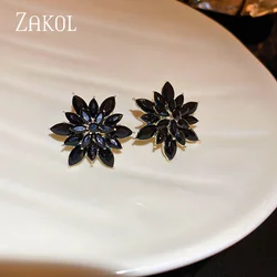 ZAKOL Korea Fashion Black Zircon Flower Stud Earrings for Women Luxury Shiny Gold Color Wedding Party Jewelry 2023 New