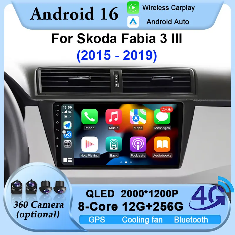 For Skoda Fabia 3 III 2015 2016 2017 2018 2019 Android 16 Carplay Auto DSP 2 Din GPS Stereo Car Radio BT Multimedia Video Player