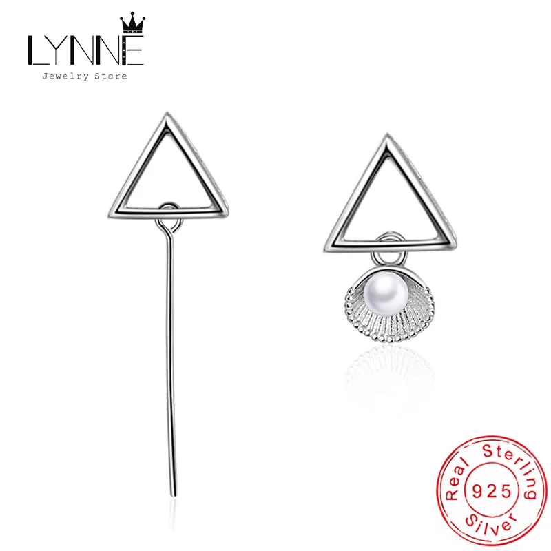 New Fashion Triangles Pendant Shell Freshwater Pearl Drop Earrings Women 925 Sterling Silver Jewelry Asymmetrical Stud Eardrop