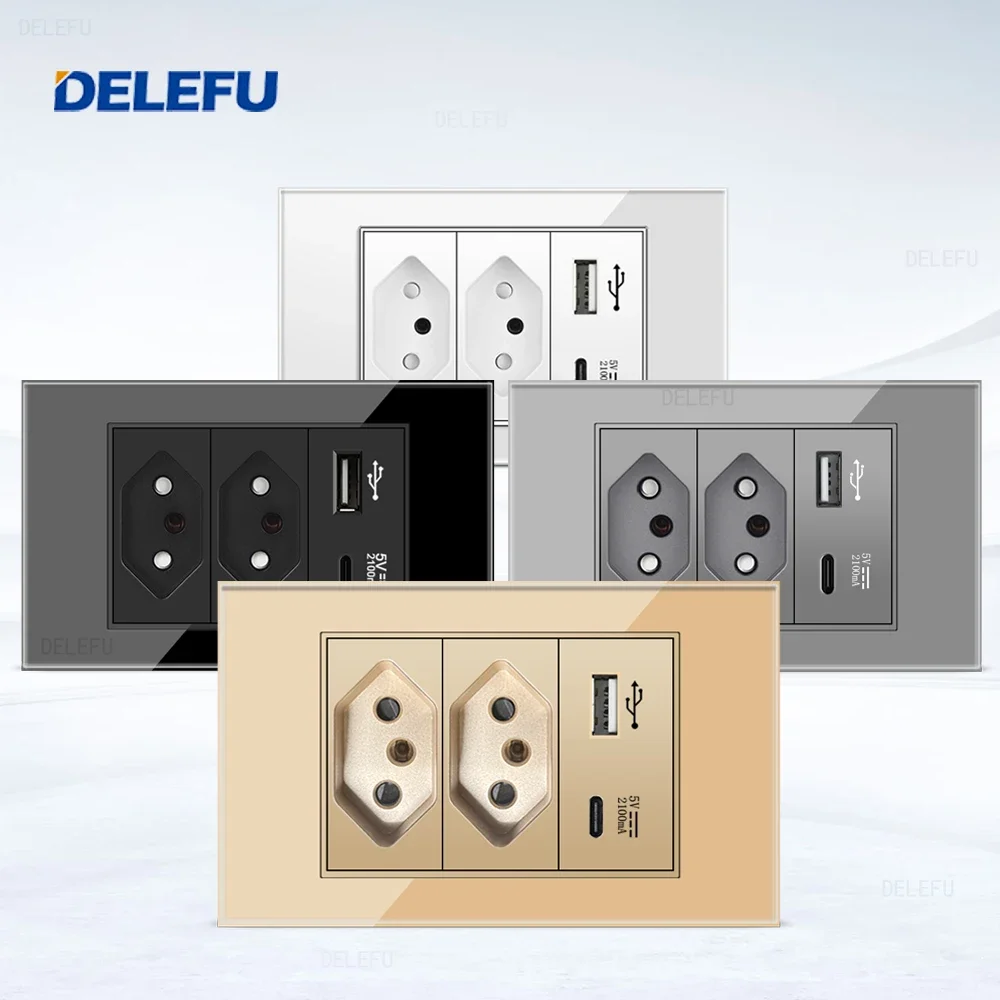 DELEFU 4*2 Tempered Glass Brazil Standard Outlet Dual socket USB Type C Switzerland 10A 20A White Black Gold Gray