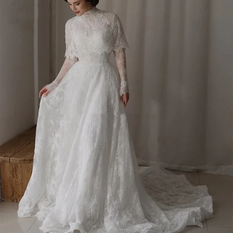 Customized Exquisite Lace Appliques Elegant A Line Princess Wedding Dresses Long Sleeve Cape High-neck Wedding Bridal Dresses
