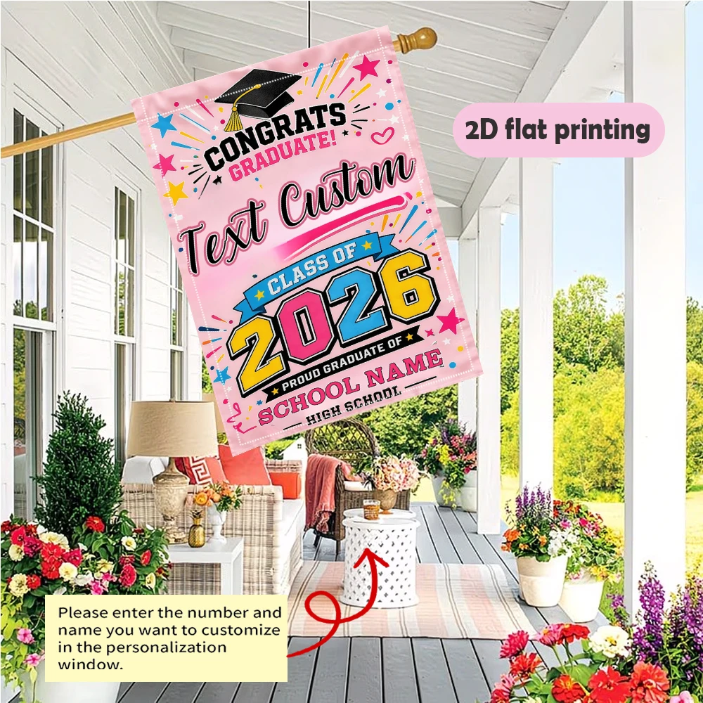 Garden flag custom Text And School Name Pink Colorful Stars Suitable for graduate activity decoration Photography booth props