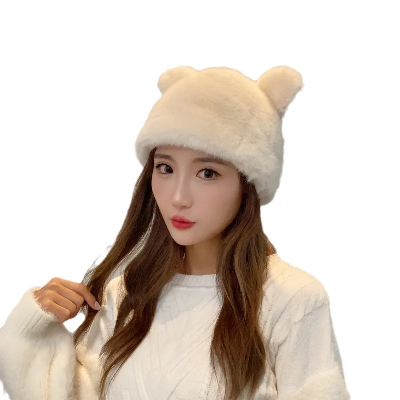 Winter Women\'s Bear Plush Hat Cute Thickened Warm Imitation Mink Hat Cold Protective Ear Cap Fashion Fur Hat Cat Ears Cotton Cap