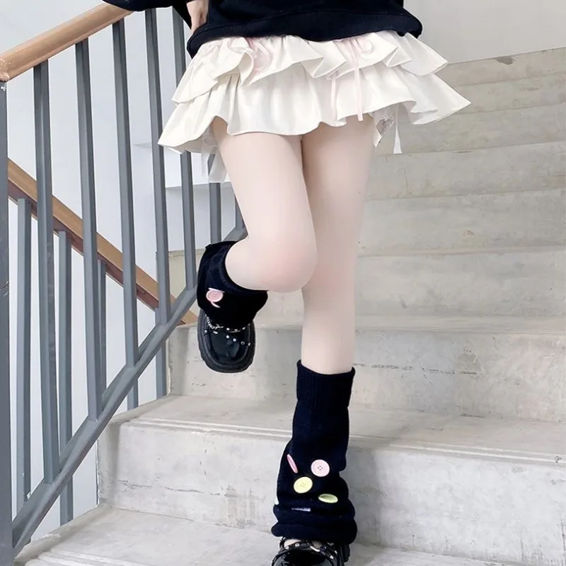 Colorful Button Leg Warmers for Women Knit Gothic Punk Harajuku Long Cable Flared Socks, JK Japanese Y2K Cute