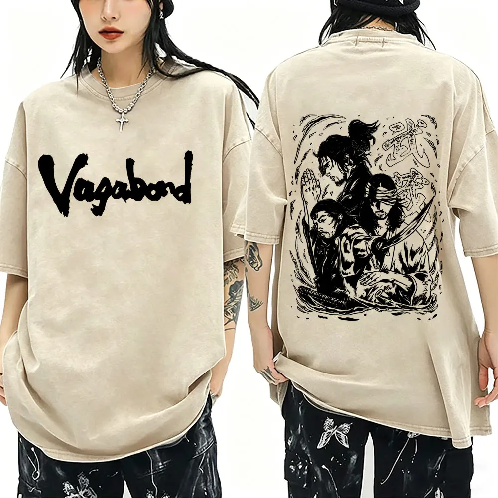 Hot Sale Anime Vagabond Miyamoto Musashi Vintage Washed T-shirt Men Retro Cotton Oversized T Shirt Male Manga Gothic T-shirts