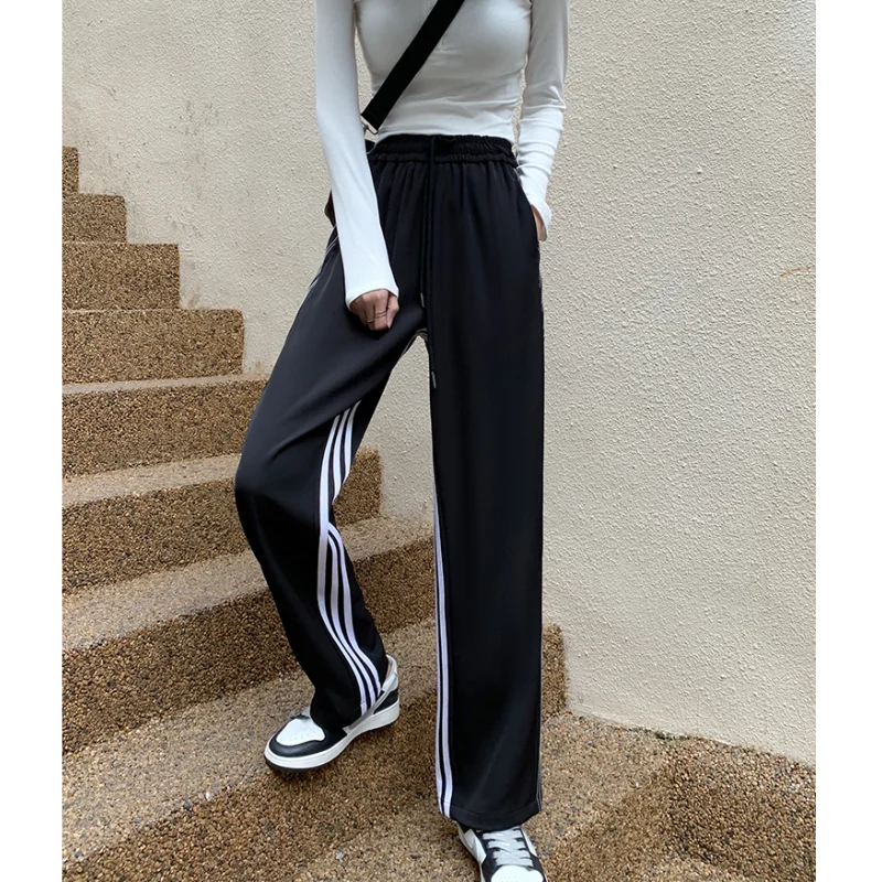 

Summer Black High Waist Drawstring Sweat Pants Fashion Pocket Straight Wide Leg Pants Street Casual Baggy Mopping Trouser Ladies