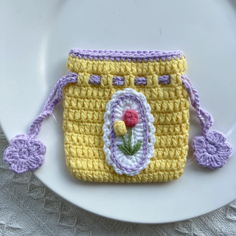 Handmade Crochet Yarn Wallet for Women, Cute Coin Purse, Drawstring Bags, Card Holder, Girlfriend Gift