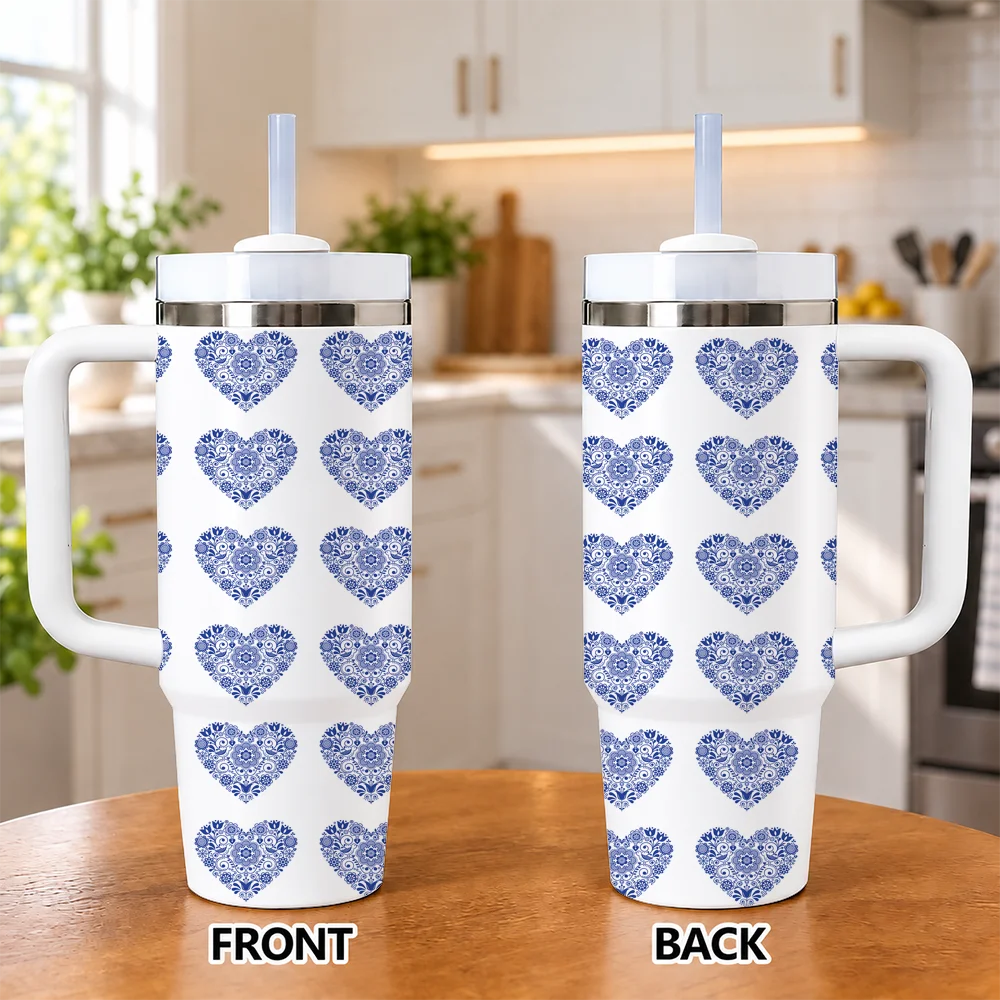 nordic folk patterns Vacuum Flasks 40oz Insulated Stainless Steel Tumbler with Handle & Straw, Hot Cold Gift Cup