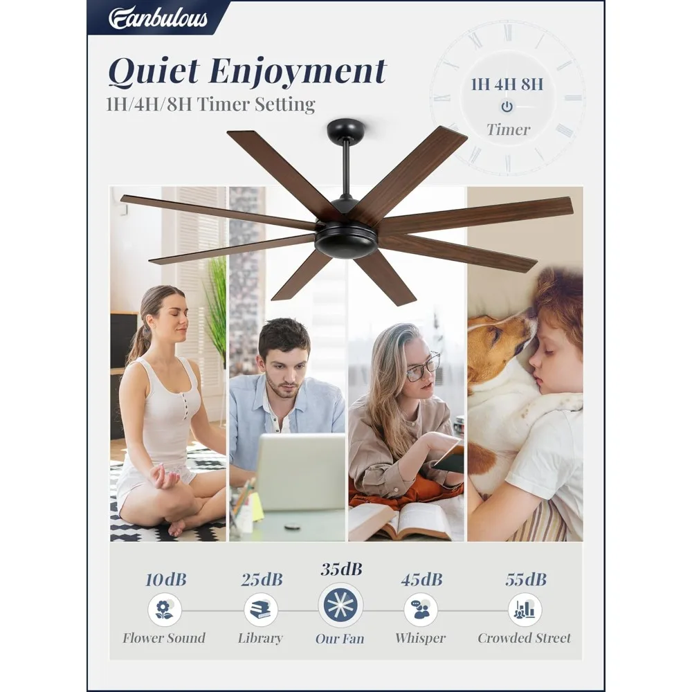 พัดลมเพดาน 65 นิ้วไม่มีแสงพร้อมรีโมท พัดลมเพดานในร่ม/กลางแจ้งสีดําไม่มีแสงพร้อมมอเตอร์ DC แบบพลิกกลับได้เงียบ