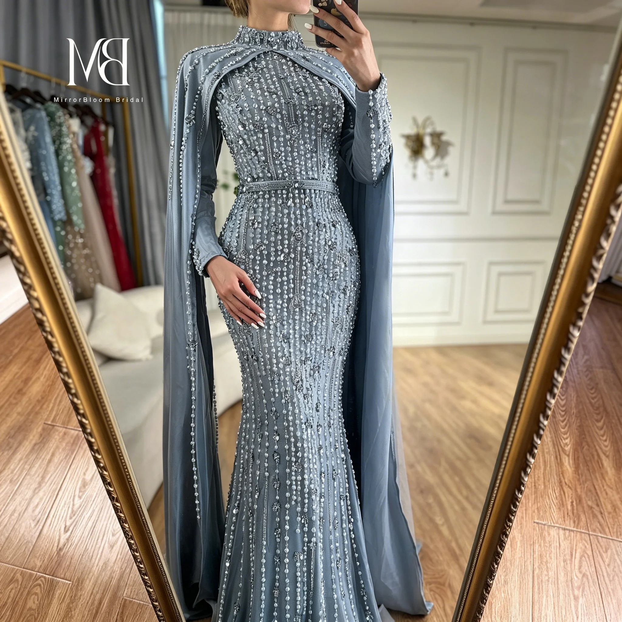 

Luxurious Exquisite Backless Blue Mermaid Evening Gown Women's Floor-Length Chiffon Dress with Embroidered Lace