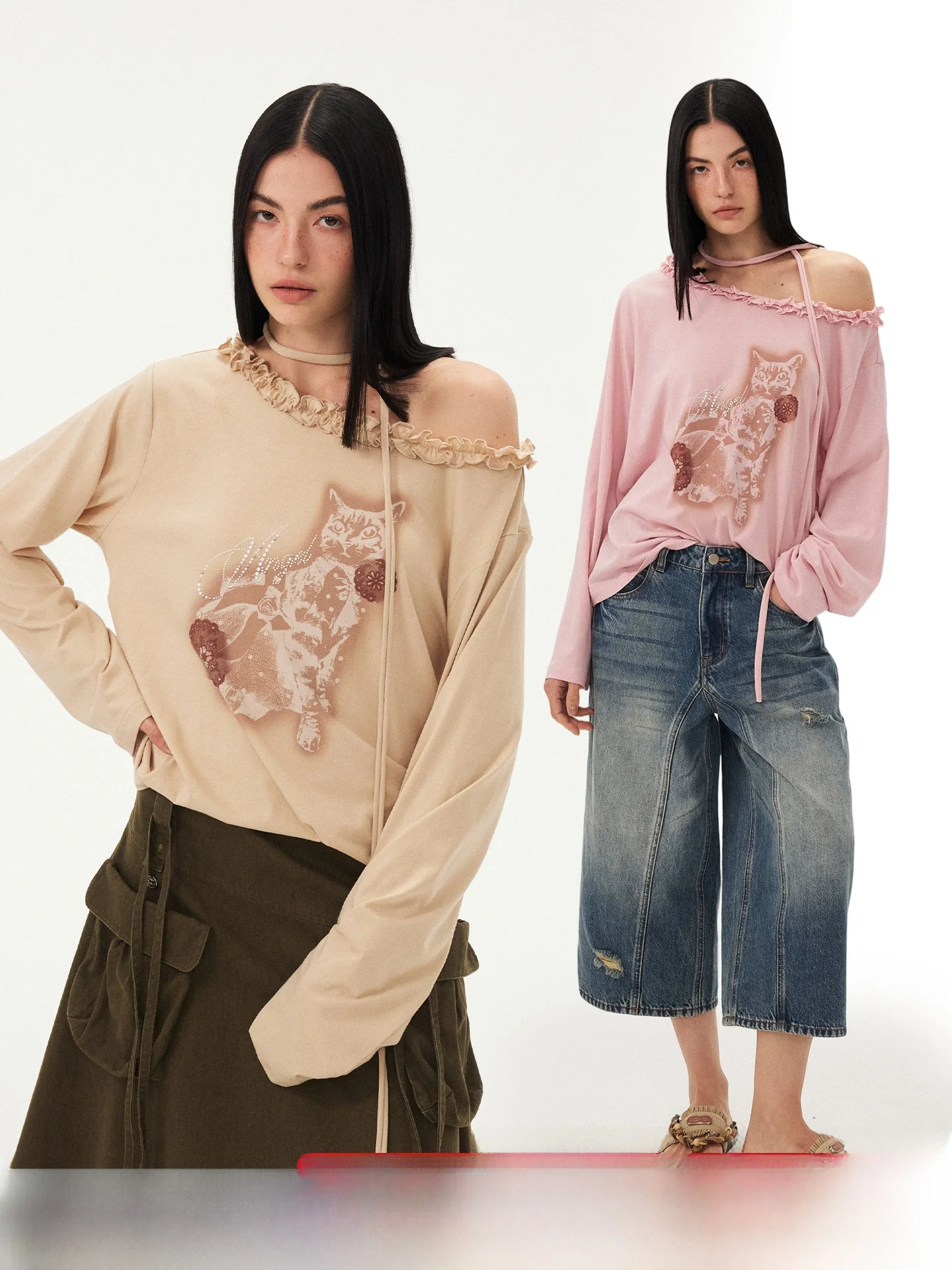 DIDDI MODA Polka Dot Silhouette  Pattern Wooden  Long Sleeve Shoulder Bared Women's Top Casual Style Summer 2026 New