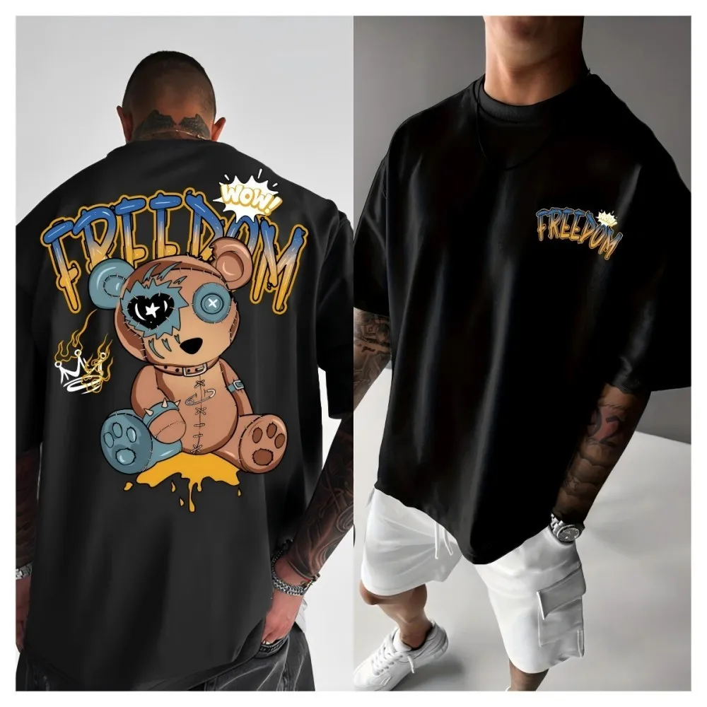 European and American men's new teddy bear graffiti letter print comfortable and breathable round neck T-shirt outdoor street to