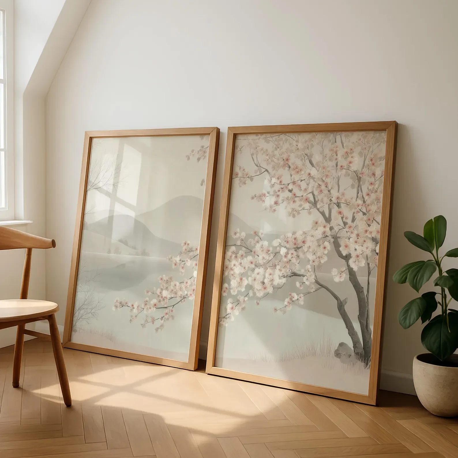 2pcs Frameless,2D Flat ,2PCS Japanese Cherry Blossom Poster Set  Japandi Wall Art  Sakura Landscape Art  Boho Home Decor Canvas
