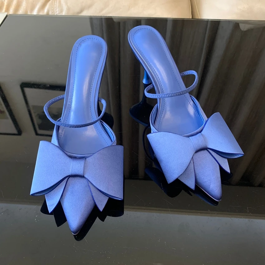 Sandalias de tacón alto con lazo a la moda para mujer, zapatos de tacón con talón descubierto Vintage de satén con punta en pico, zapatos elegantes de fiesta para mujer 2024