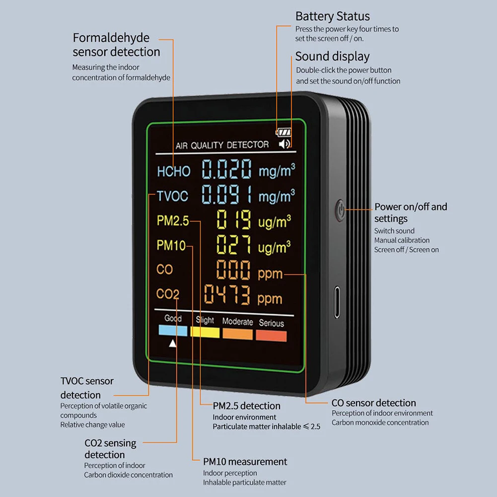 Détecteur de qualité de l'air multifonctionnel 6 en 1, testeur de température et d'humidité Portable PM2.5 PM10 HCHO TVOC CO CO2 outils de détection d'air
