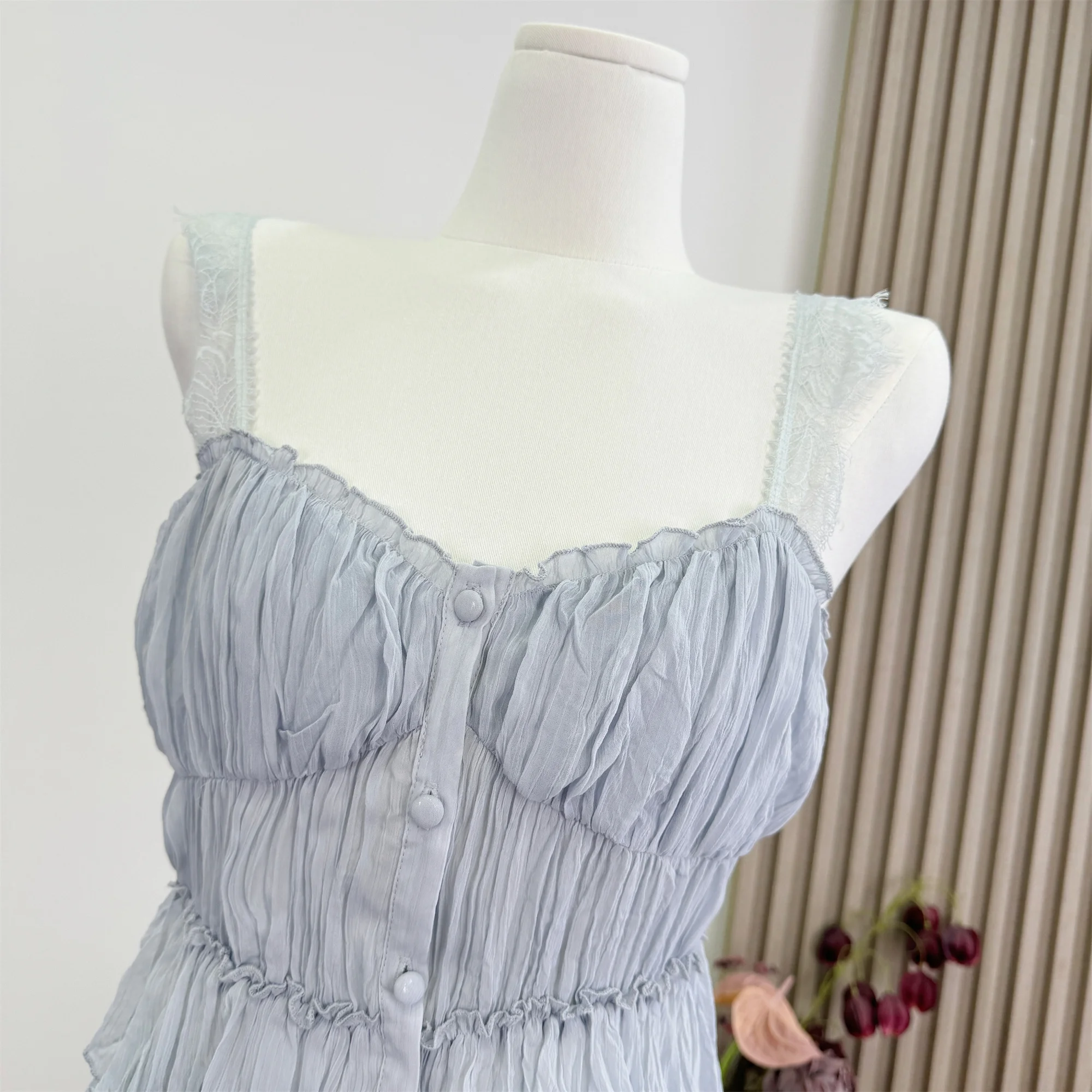 Chan Mengting Fragrant Mist Mountain Tea Color Fixing Dyeing Wrinkle Press Lace Strap Top Half Skirt Two Piece Set Women Summer