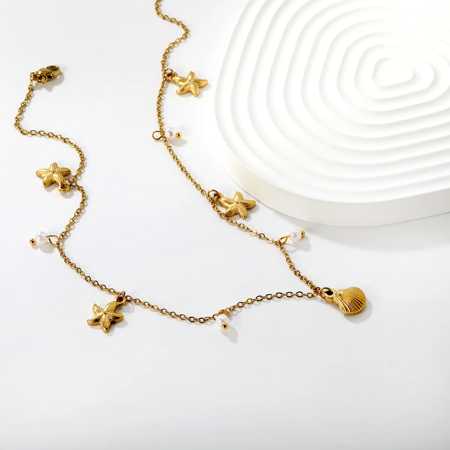 Fashion Boutique Stainless Steel Star Shell Pearl Pendant Necklace for Girls, Light Luxury, Elegant, Seaside Waterproof Jewelry