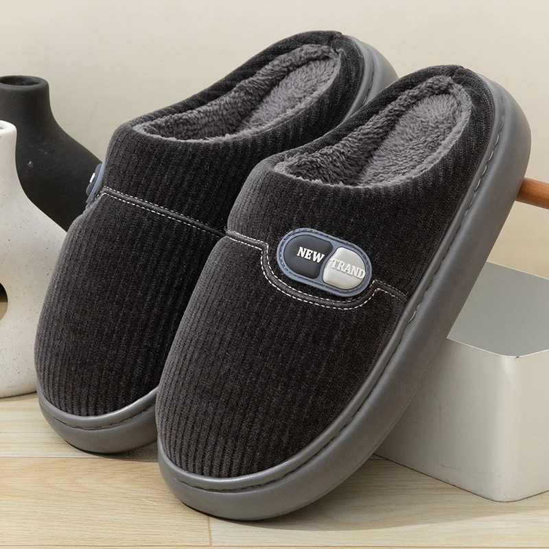 Men's Autumn Winter Closed-Toe Cotton Slippers, Thickened Plush Heat-Locking Lining, Extra Thick Flat Sole Anti-Slip Warm Indoor