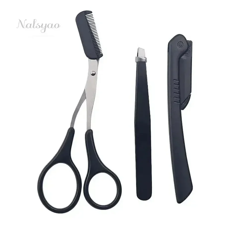 Three-Piece Stainless Steel Eyebrow Clip Comb Scissors Trimmer Razor Set Precision Grooming Tool