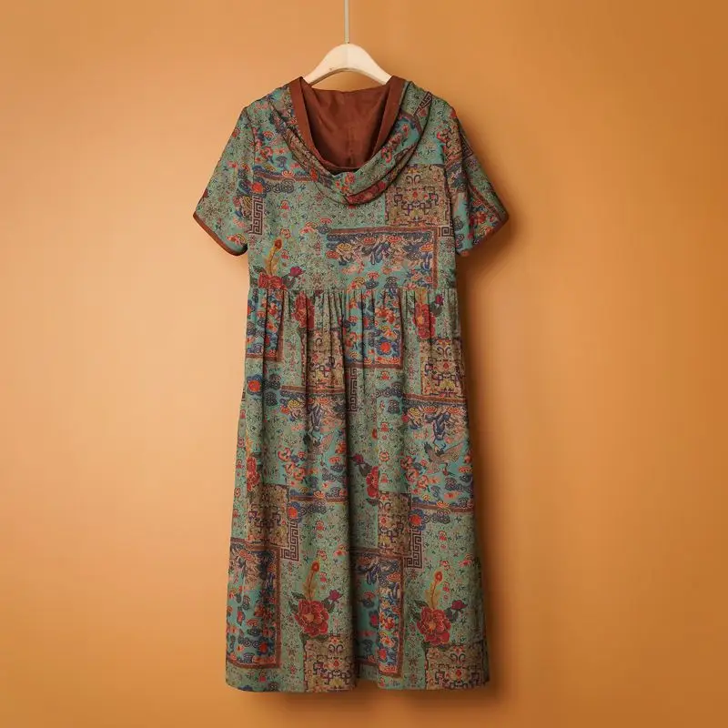 Vestido Vintage con capucha para mujer, con estampado Floral ropa holgada, bolsillos y pliegues unidos, para oficina, verano, 2024