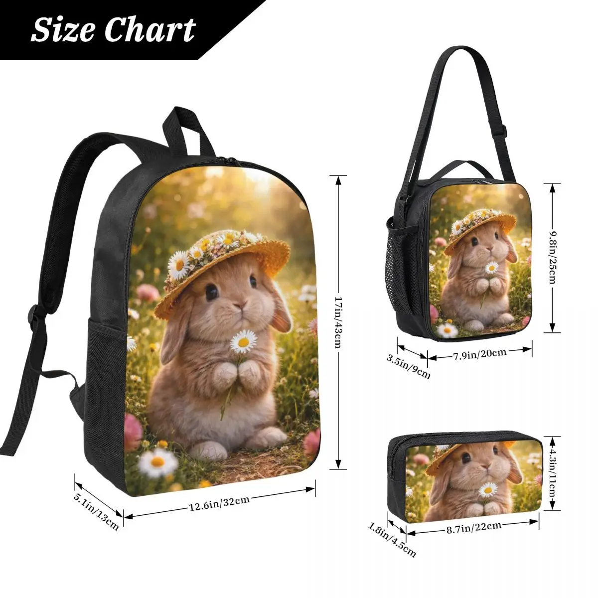 Kawaii Bunny And Flower Realistic Backpack Kids BookBag School Bag Computer Shoulder Bags 3ps Insulated Lunch Bag Pencil Case