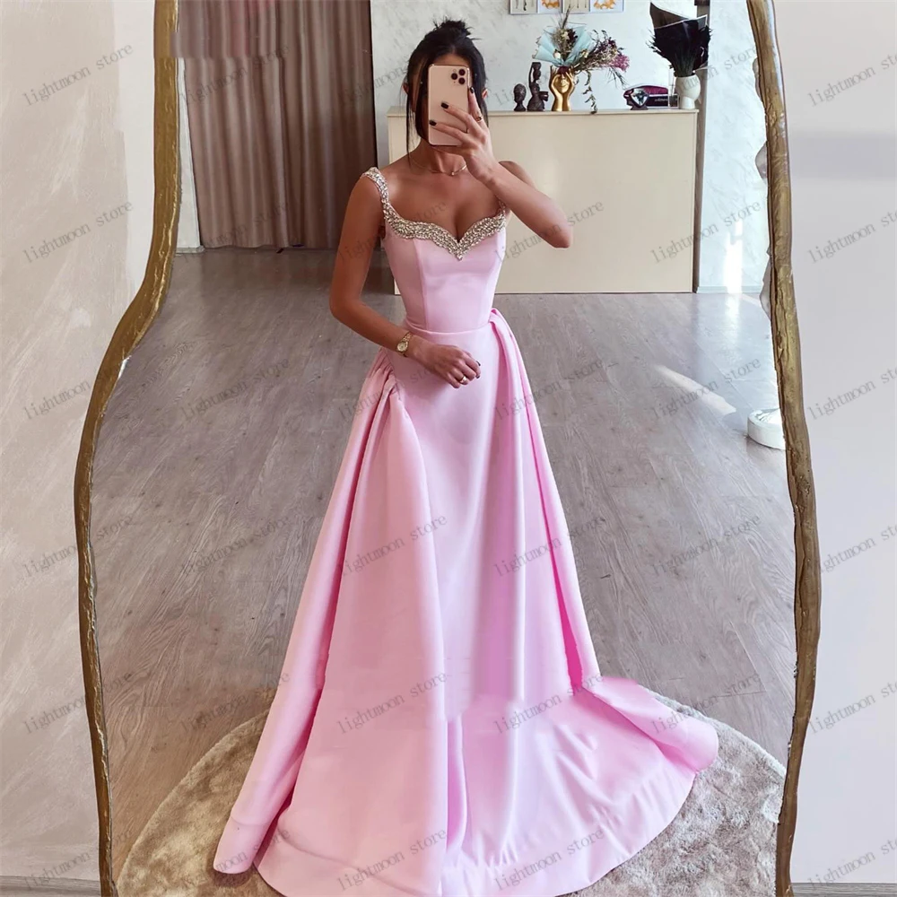 

Elegant Evening Dresses A-Line Satin Prom Dress Beading Appliques Sleeveless Backless Robes For Formal Party Vestidos De Noche