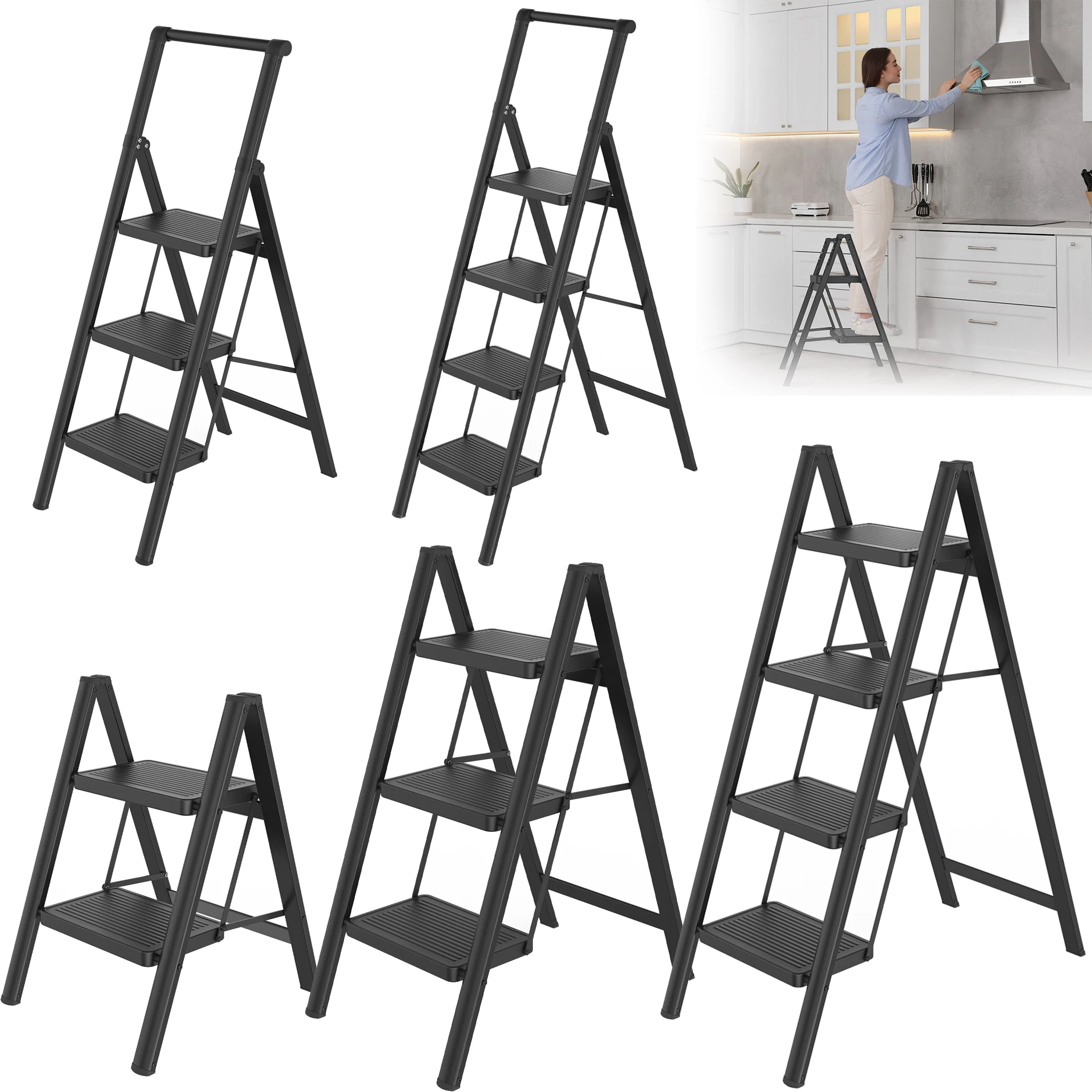 Escalera Plegable de 2/3/4 Peldaños con Barandilla Opcional, Pedales Anchos Antideslizantes, Capacidad de Carga de 250 kg, Escalón de Seguridad Portátil para el Hogar, Oficina y Garaje