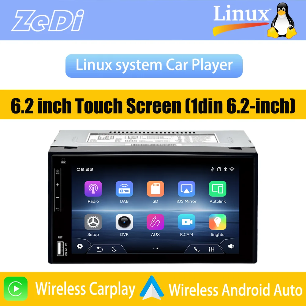 

For 6.2 inch touch screen (1din 6.2 inch) 2026 New Linux System Wireless CarPlay FM Bluetooth Music Video Multimedia Players