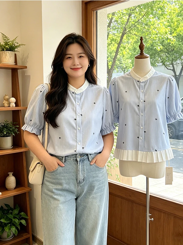 

Korean Style Blue Stripe Embroidered Bubble Sleeve Shirt Women Summer Short Waist Cinching Age Reducing Ruffle Short Sl...