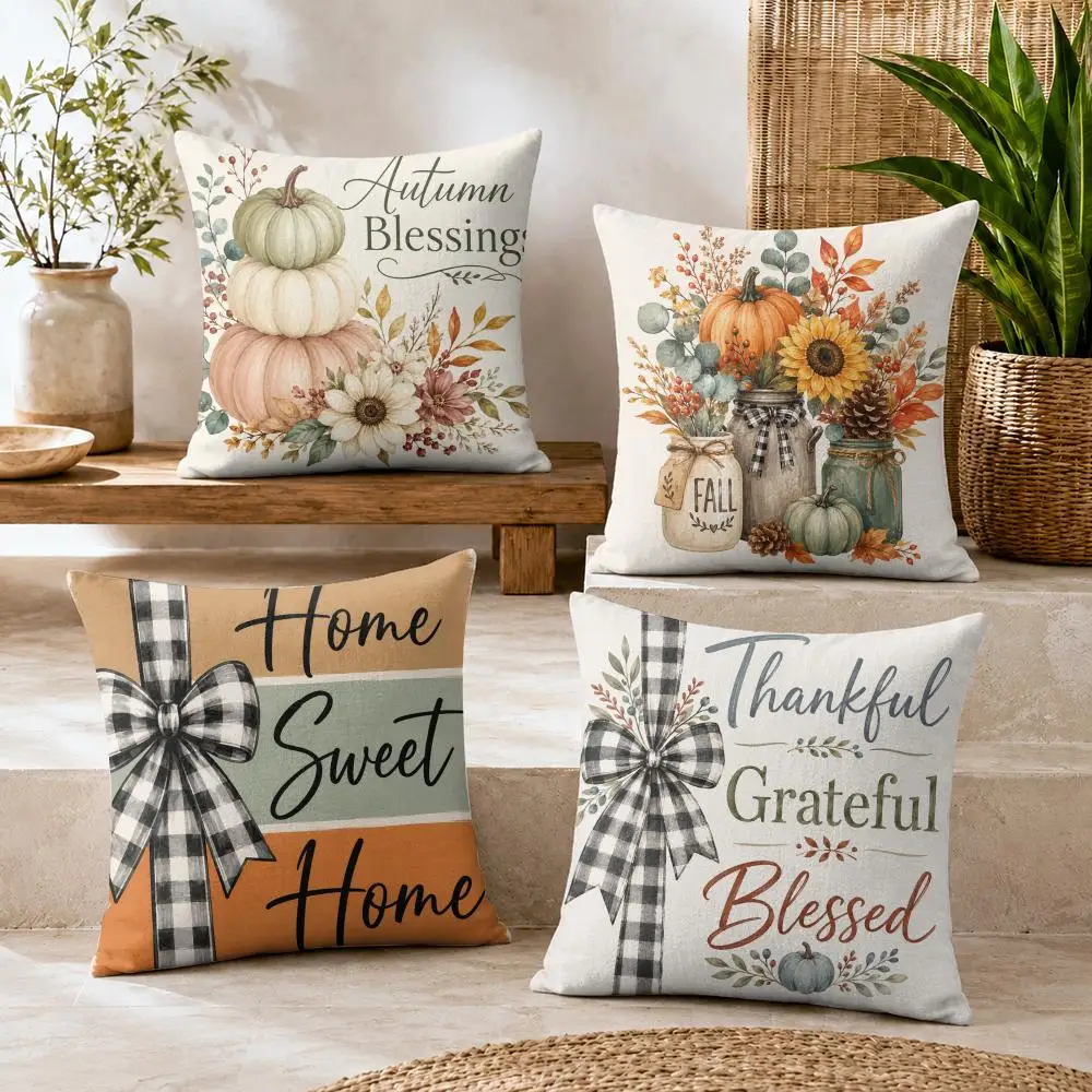 Pumpkin Flowers Cushion Cover Short Plush Soft Double-Sided Printing Pillow Case Cozy Sofa Bedroom Home Decor Gift