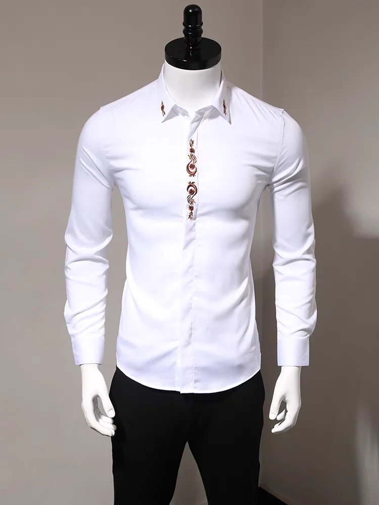 

Весенняя новая мужская рубашка с длинным рукавом с вышивкой, против морщин, приталенная модная рубашка с вышивкой, роскошная повседневная рубашка