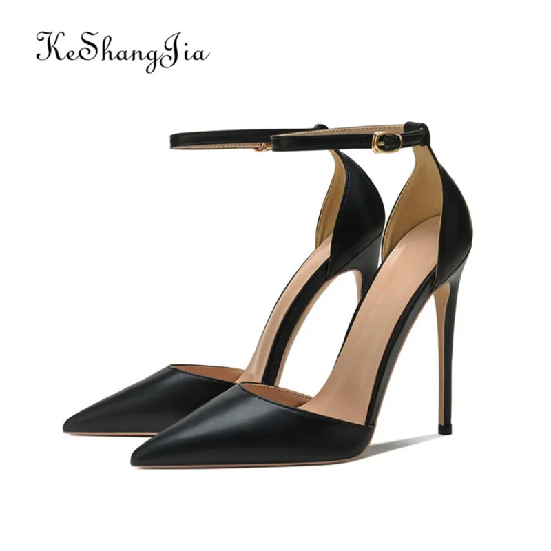 Keshangjia Matte Sheepskin Leather Women Ankle Strap Stiletto Pumps Pointed Toe Sexy High Heel Shoes 8cm 10cm 12cm Customize 46