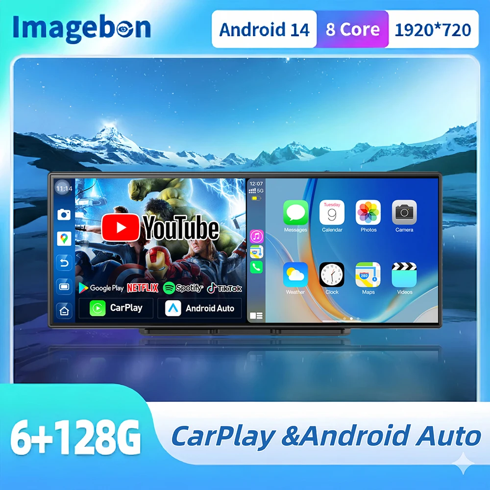 

Видеорегистратор Imagebon W70 на Android 14, 6+128 ГБ, 11.4 дюйма, 8-ядерный, с беспроводным CarPlay и Android Auto, монитор, Netflix, разделенный экран, навигация, DVR