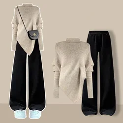 Women Autumn Winter Solid Turtleneck Shawl Sweater Wide Leg Pants Two Piece Set Lady Knitted Pullover Black Trousers Outfits