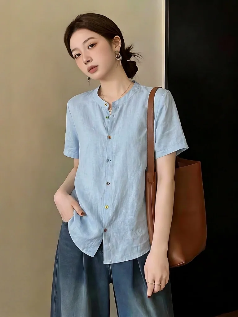 

Slimming Blue Cotton Linen Short Sleeve Shirt Women's Summer New Style plus Size Commute Top Thin Shoulder Korean Version