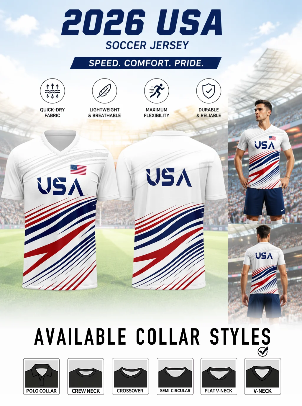2026 USA soccer jersey with wavy red‑white‑blue stripes, USA letter print, quick‑dry breathable fabric