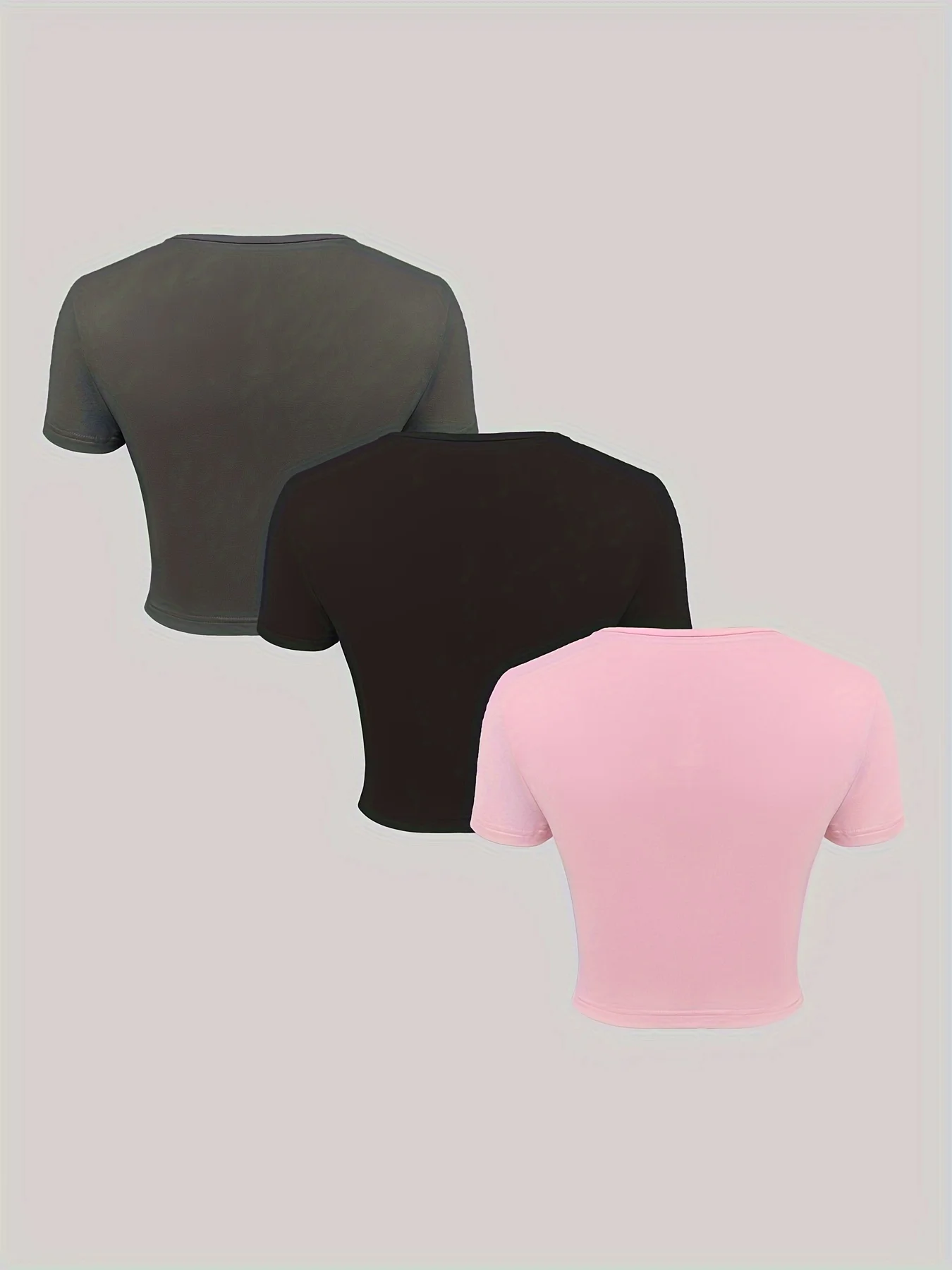 เสื้อยืดคอวีแขนสั้นสีพื้นสำหรับผู้หญิง ชุดสามชิ้น