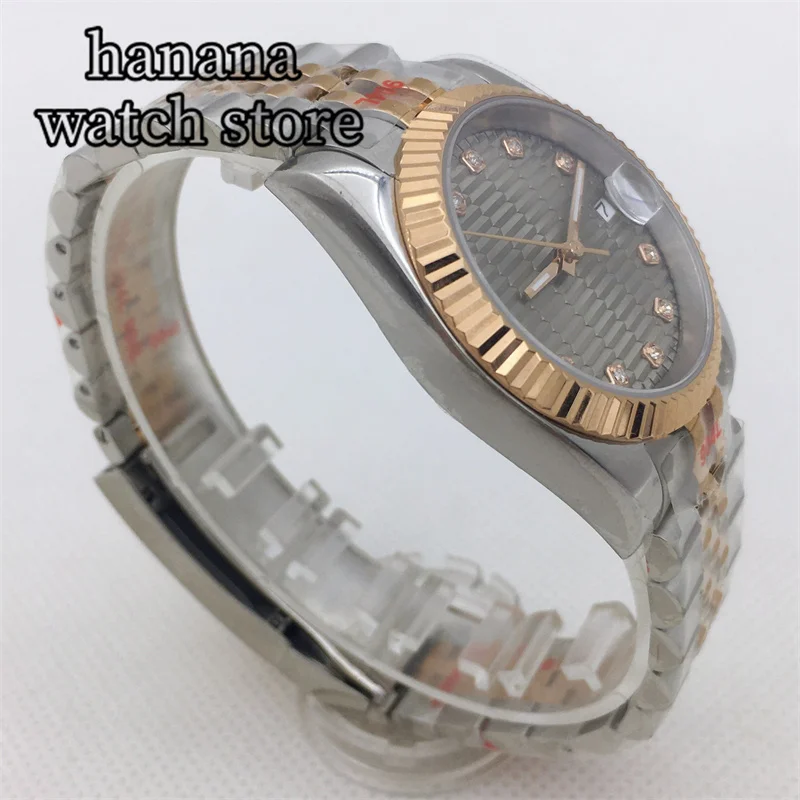 ساعة رجالية ميكانيكية أوتوماتيكية من BLIGER 36 ملم 39 ملم إطار مدمج من الياقوت الوردي الفضي سوار من الفولاذ المقاوم للصدأ