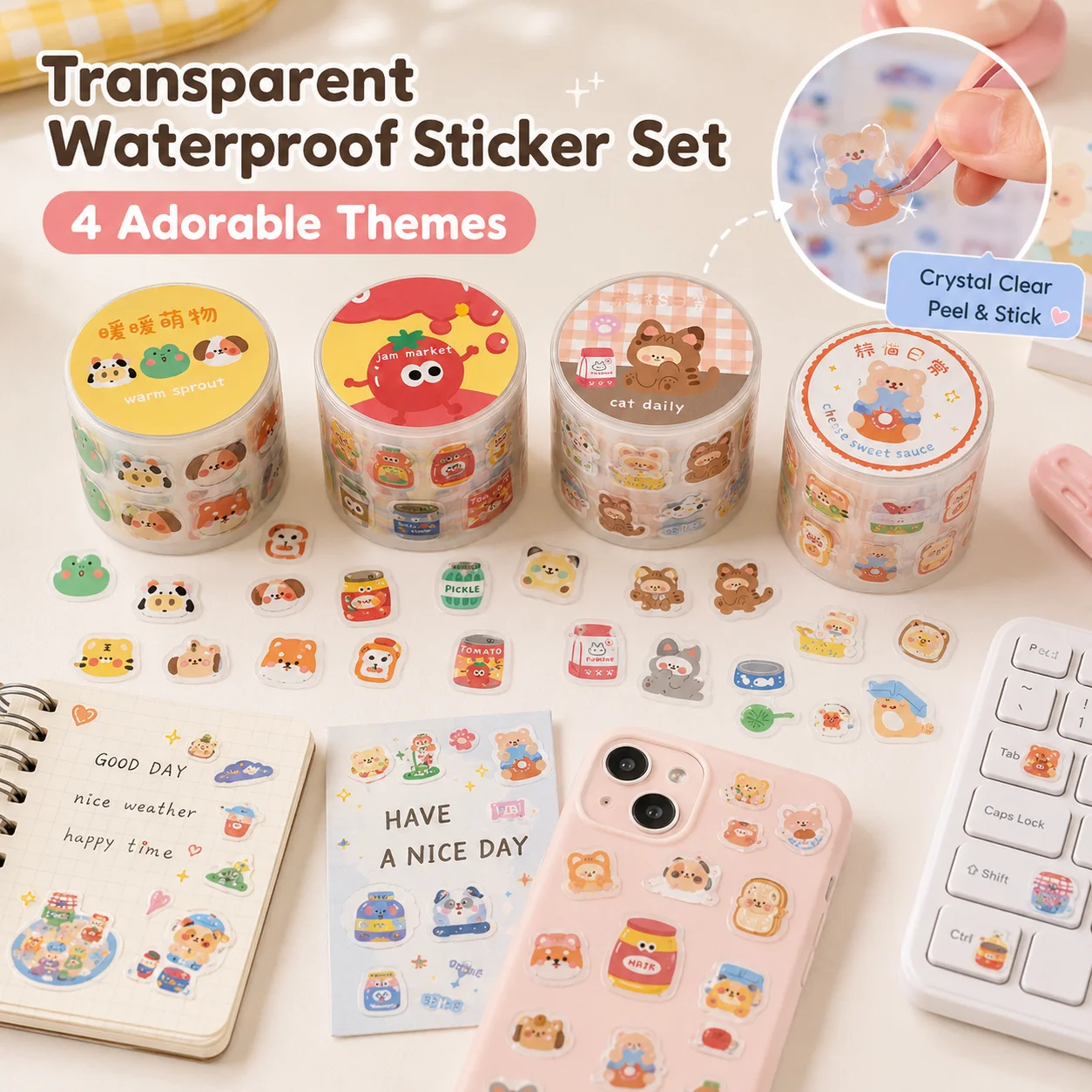 Transparent Waterproof Kawaii Sticker Set, Cartoon Tape Collection for Journaling, Cute Decorative Small Patterns