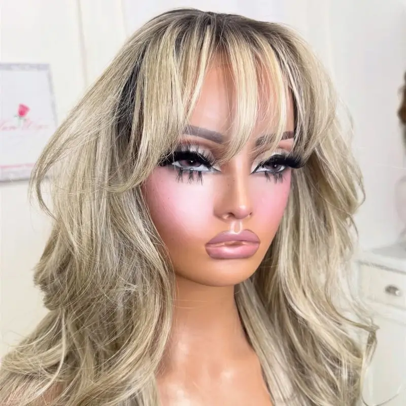 

Women's Wig Ombre Ash Blonde Synthetic HD Lace Front Wig with Bangs Blend Human Hair Long Natural Wave Wig Average Size Cap