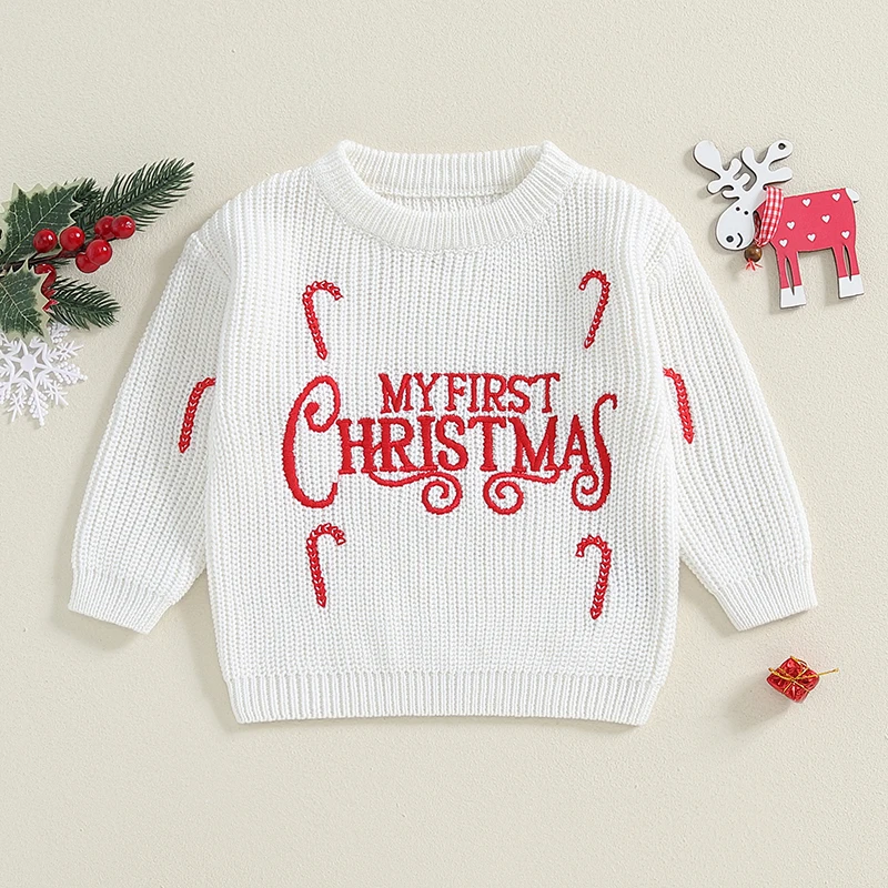 EWODOS Baby Christmas Sweaters Long Sleeve Round Neck Candy Letter Embroidery Knit Pullovers Infant Jumper Tops