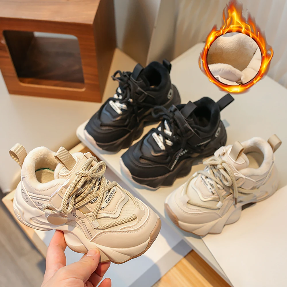 

Autumn Winter Cotton Sport Shoes For Children PU Leather Waterproof Plush Sneakers For Kids Teenager Boy's Girl's Running Shoes