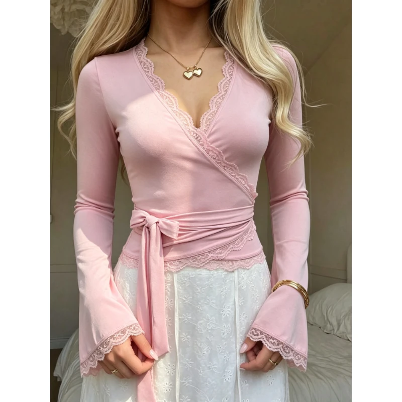 New Chic Sexy Lace Splicing V-neck Spring Women's Shirt Waist Lace-up Long-sleeved Fall T-shirt Sweet Solid Color Elegant Top