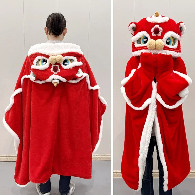 Wearable Hooded Blanket Chinese Lion Dance Plush Warm Soft Throw Blankets Lovely Shawl With Gloves Kid Adult Aircondition Quilt