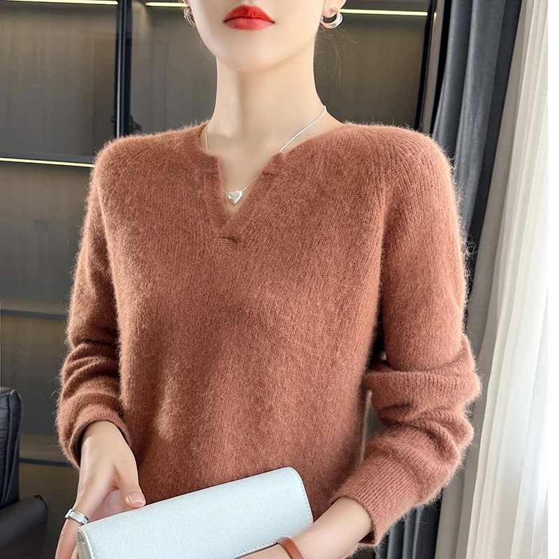 Women\'s pullover autumn/winter 100% cashmere sweater thick casual solid knitted sweater V-neck loose Tops versatile basic Blouse