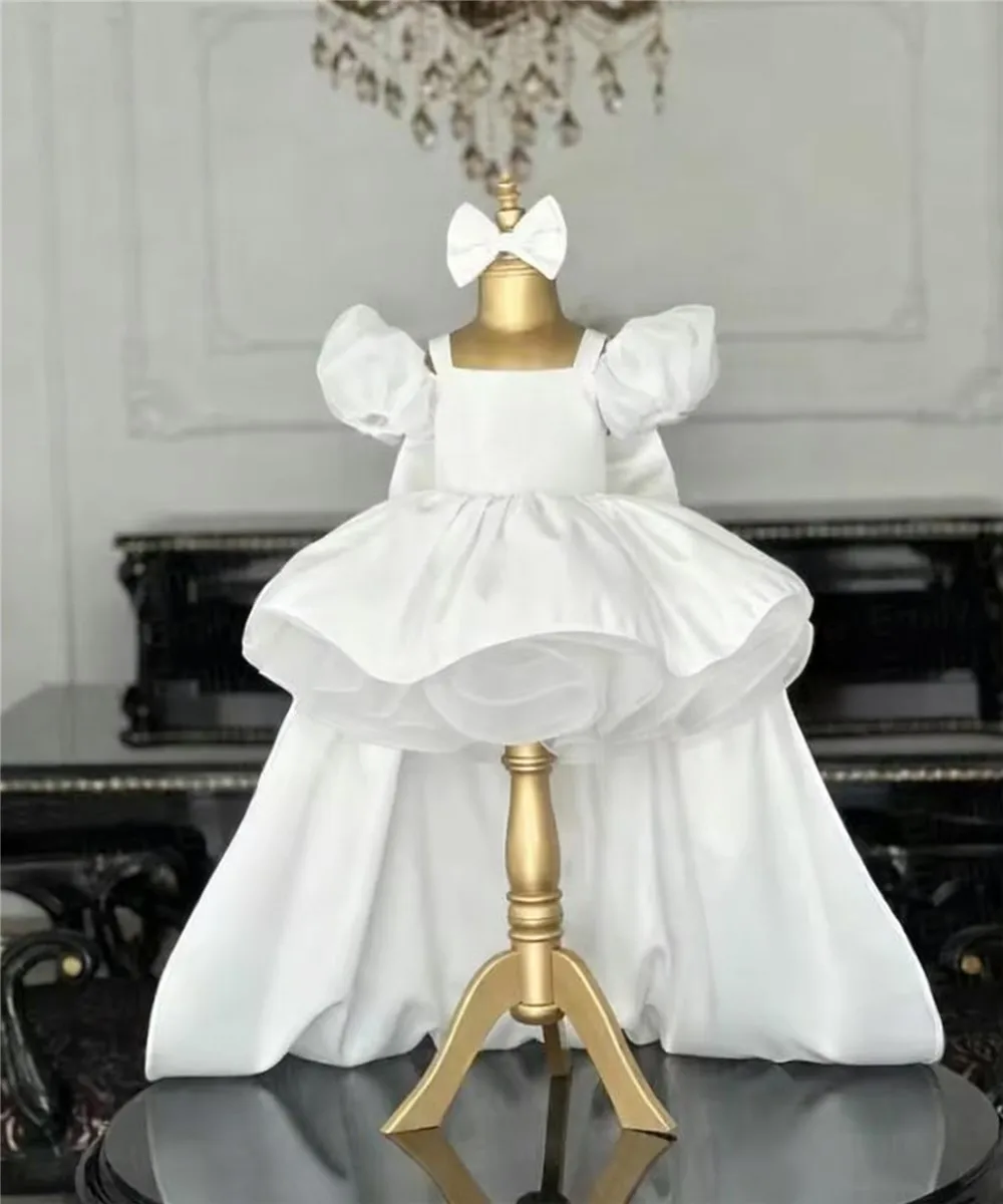 

Customized Cute Satin Flower Girl Wedding Dress Puffy With Bow Princess Birthday Pageant Party Dress Kids First Communion Gown